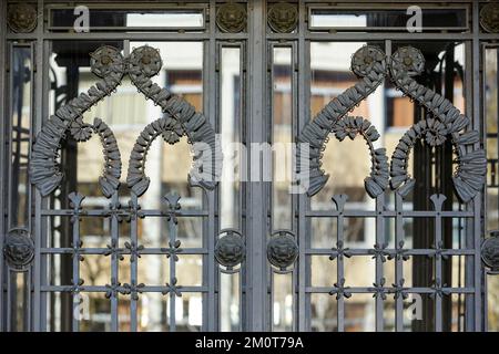 Francia, Meurthe et Moselle, Nancy, Immeuble Estrade un palazzo Art Deco costruito nel 1912 in stile Art Deco situato Avenue de la Liberation, particolare della ferreria in ferro battuto della porta di Jules Cayette Foto Stock