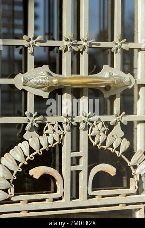 Francia, Meurthe et Moselle, Nancy, Immeuble Estrade un palazzo Art Deco costruito nel 1912 in stile Art Deco situato Avenue de la Liberation, particolare della ferreria in ferro battuto della porta di Jules Cayette Foto Stock