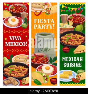 Cucina messicana pasti, bevande, frutta e snack banner verticali. Fast food Tex Mex, menu del ristorante messicano e sfondo vettore festa con fajitas, tacos e burrito, tamales, tè di mate Illustrazione Vettoriale