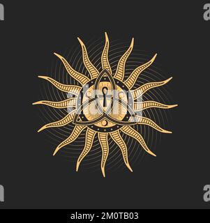 Triquetra, mezzenti e ankh si incrociano all'interno del sole con raggi radianti pentagramma occulto esoterico, segno magico di tarocco. Emblema sacro d'oro vettoriale con simbologia spirituale egiziana e celtica Illustrazione Vettoriale