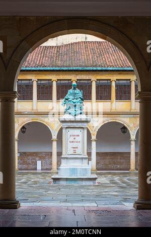 Spagna, Principato delle Asturie, Oviedo, tappa sul Camino del Norte e punto di partenza del Camino Primitivo, itinerari di pellegrinaggio spagnolo a Santiago de Compostela, statua dell'Arcivescovo Fernando de Valdes Salas nel cortile della biblioteca dell'Università di Oviedo Foto Stock
