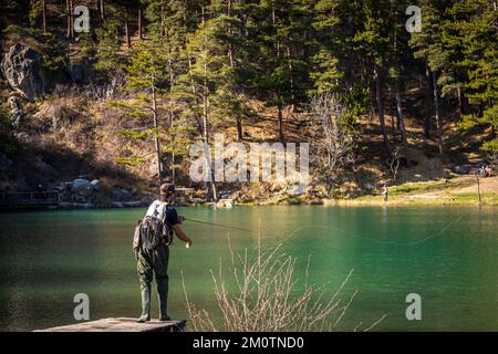 Francia, Hautes-Alpes, Saint-Apollinaire, pesca a mosca sul lago di Saint-Apollinaire (1452 m) Foto Stock