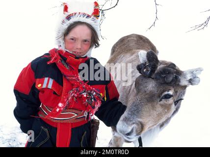 Pastore Sami con renne in Norvegia, 1997 Foto Stock