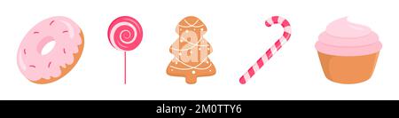 Dolci. Torta, pan di zenzero, canna da zucchero, lecca e ciambella. Illustrazione vettoriale. Illustrazione Vettoriale