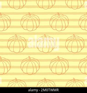 Disegno a mano di zucche linea grafica vettoriale senza cuciture su sfondo a strisce gialle Illustrazione Vettoriale