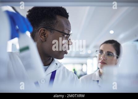 Giovane scienziato afroamericano che controlla i campioni con una collega femminile.due professionisti medici che lavorano insieme sugli esperimenti nel laboratorio Foto Stock