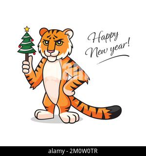 Cartoon vettoriale Tiger. Carattere, mascotte, simbolo, segno di Capodanno cinese. La tigre sta tenendo in mano l'albero di chistmas. Felice anno nuovo Lettering. Lunare nuovo Illustrazione Vettoriale