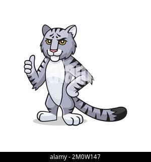 Il carattere Cat viene visualizzato con il pollice verso l'alto. Disegno fumetto vettoriale, mascotte, personaggio, icona, logo di gatto. Illustrazione Vettoriale