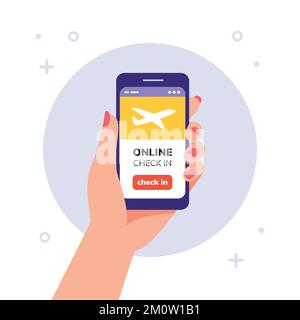 Check-in online sul volo. Smartphone con mano femminile e pulsante di check-in online. Concetto di applicazione mobile. Illustrazione Vettoriale