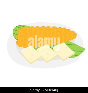 Choclo con queso - piatto peruviano di granoturco caldo e formaggio andino salato. Cucina nazionale sul piatto. Illustrazione Vettoriale