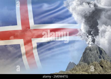 Eruzione di esplosione di stratovulcano di giorno con fumo bianco sullo sfondo della bandiera islandese, problemi di eruzione e concetto di terremoto vulcanico - 3D illust Foto Stock