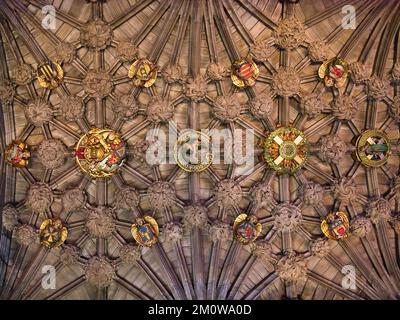 I soffitti decorativi e la decorazione nella Thistle Chapel nella Cattedrale di St Giles, nel centro storico di Edimburgo, Scozia, Regno Unito Foto Stock