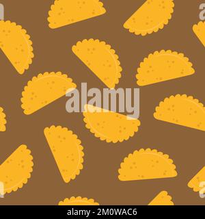 Empanada senza cuciture doodle pattern, illustrazione vettoriale. Tradizionale piatto messicano su sfondo marrone. Illustrazione Vettoriale