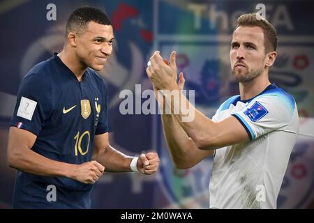 Doha, Katar. 08th Dec, 2022. FOTO MONTAGE: Anteprima del gioco Inghilterra - Francia su 10,12. 2022 Kylian MBAPPE (fra) incontra Harry KANE (ENG). Quarti di finale, quarti di finale, Coppa del mondo di calcio 20122 in Qatar dal 20,11. - Dalle 18.12.2022 alle Credit: dpa/Alamy Live News Foto Stock