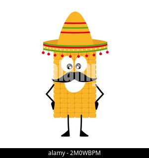 Mascotte vettoriali, cartoni animati e illustrazione di un granoturco baffi con sombrero. Cucina messicana tradizionale. Cartone animato su bianco Illustrazione Vettoriale