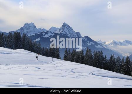 Montagne Gummfluh e le Rubli visto dal comprensorio sciistico di Horenegli. Foto Stock