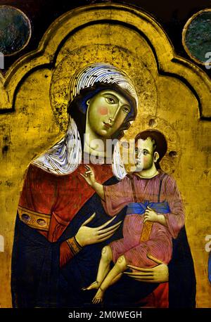 Madonna con Bambino, San Francesco, San Giovanni Battista, San Giovanni Evangelista e San Maria Maddalena, di Guido da Siena, dalla chiesa di S. Francesco in Colle Val d'Elsa, Arte cristiana, Italia. Foto Stock