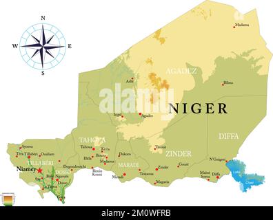 Mappa fisica molto dettagliata del Niger in formato vettoriale, con tutte le forme di rilievo, le regioni e le grandi città. Illustrazione Vettoriale