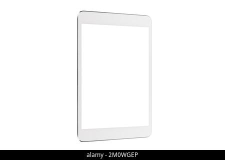 Tablet digitale isolato in tre quarti di sfondo bianco mockup, nuovo bianco per tablet nero senza cornice moderno con schermo bianco Foto Stock