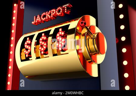 Slot machine d'oro con American Dollar Symbol Big WIN Concept. Jackpot del casinò. 3D rappresentazione grafica Foto Stock