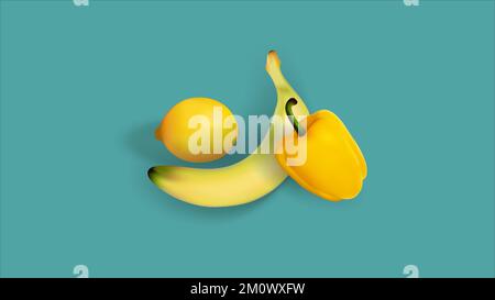 Grafica vettoriale di un'illustrazione realistica di frutta e verdura utilizzando schemi di colore giallo, arancione e nero isolati su sfondo verde. Illustrazione Vettoriale