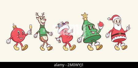 Set di personaggi del cartone animato retrò di Natale e Capodanno. Babbo Natale, renne, albero di Natale, calza e pallina amici a piedi. Mascotte vettoriale Illustrazione Vettoriale
