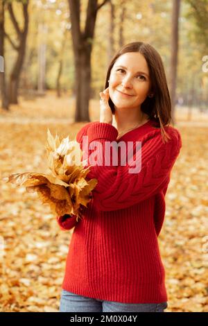 Verticale ritratto calma, memore, bella donna brunette guardare la macchina fotografica, tenere bouquet di foglie d'acero dorato in maglione rosso Foto Stock