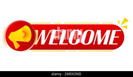 Megafono con benvenuto su sfondo bianco. Banner megafono. Web design. Vettore Illustrazione Vettoriale