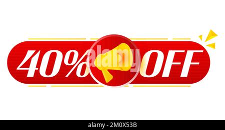 Megafono con sconto del 40% su sfondo bianco. Banner megafono. Web design. Vettore Illustrazione Vettoriale