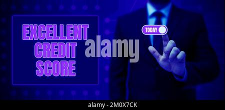 Scrittura che visualizza il testo eccellente segno di accreditamento. Rapporto della persona di idea di affari della posizione finanziaria e della capacità di pagare Foto Stock