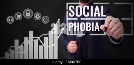Segno di testo che mostra la fobia sociale. Parola per la paura schiacciante di situazioni sociali che sono dolorose Foto Stock