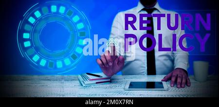 Didascalia di testo che presenta la politica di restituzione. Concetto che significa rimborso fiscale Termini e condizioni di vendita al dettaglio per l'acquisto Foto Stock