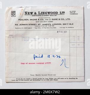 1970s ricevuta di vendita del negozio da New e Lingwood Jermyn Street Londra Foto Stock