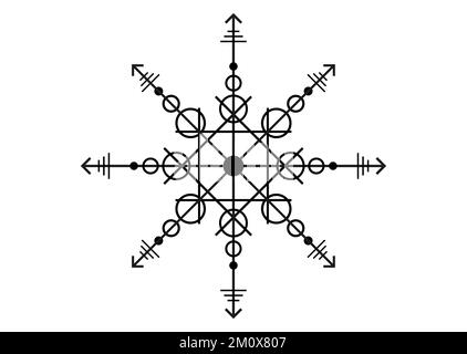 sigillo sacro di energia potente, sigil per la protezione con forme geometriche e frecce mistiche, simbolo vettoriale del tatuaggio nero isolato su sfondo bianco Illustrazione Vettoriale