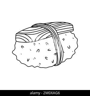 Sushi con salmone in stile doodle disegnato a mano. Illustrazione vettoriale isolata su sfondo bianco. Cibo asiatico Illustrazione Vettoriale