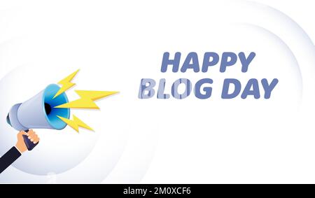 Megafone da tenere in mano. Buon blog giorno, realistico 3D megafone, altoparlante con fulmini. Simboli relatore, social media, pubblicità e promozione Illustrazione Vettoriale