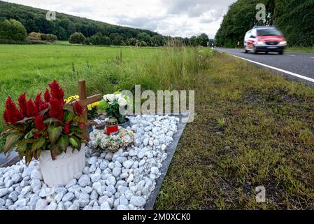 Memoriale con croce per le vittime di incidenti stradali su strada di campagna, incrocio con incidente, incrocio con monumento, incrocio con strada, traffico stradale veloce, ambulanza, emergente Foto Stock