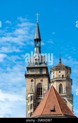 Chiesa collegiata protestante dal 1534, Stoccarda, tardo gotico ottagonale torre ovest, torre romanica sud, distruzione, ricostruzione, nuovo edificio Foto Stock