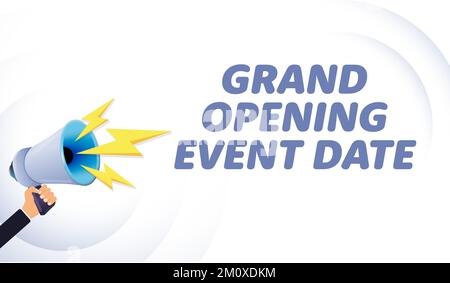 Megafone da tenere in mano. Grande data di apertura, realistico 3D megafone, altoparlante con fulmine. Simboli altoparlante, social media, pubblicità e. Illustrazione Vettoriale