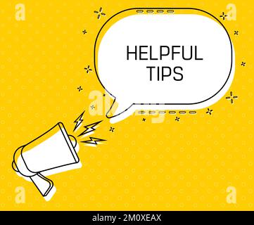 Suggerimenti utili. Megaphone e colorata bolla del discorso giallo con citazione. Gestione del blog, blogging e scrittura per il sito web. Poster concettuale per i social Illustrazione Vettoriale