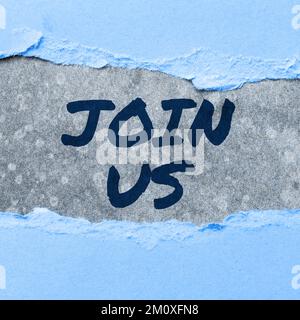 Mostra segni Unisciti a noi. Business Concept Registrati nella community Team o blog Iscriviti ai social media Foto Stock