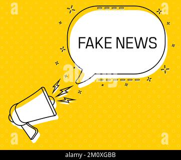 Notizie false. Megaphone e colorata bolla del discorso giallo con citazione. Gestione del blog, blogging e scrittura per il sito web. Poster concettuale per i social Illustrazione Vettoriale