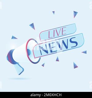 Testo delle notizie dal vivo con illustrazione realistica del vettore del megafono in 3D. Modello banner per annunciare le novità sul webinar sui social media e sul corso di formazione Illustrazione Vettoriale