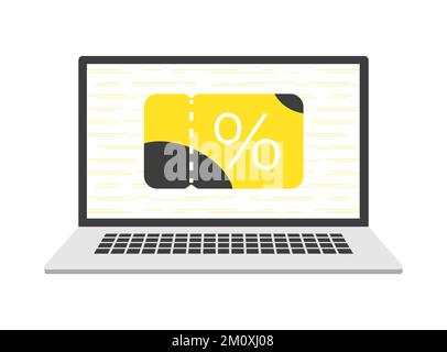 Voucher digitale sullo schermo del computer portatile. Illustrazione del concetto vettore di disegno piatto eps10. elemento grafico per infografica, landing page, app o interfaccia utente web, icona Illustrazione Vettoriale