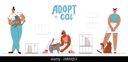 Illustrazione piatta vettoriale. Insieme di tre donne prendono i gatti dal riparo e danno loro l'amore e la felicità. Adottare non fare shopping. Illustrazione Vettoriale