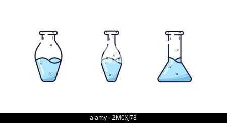 Attrezzature di laboratorio. Tre matracci in vetro con liquido blu in stile trendy. Illustrazione Vettoriale