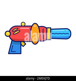 Illustrazione vettoriale piatta con cartoon blaster. Arma laser blu e gialla o pistola a raggi su sfondo bianco isolato. Illustrazione Vettoriale