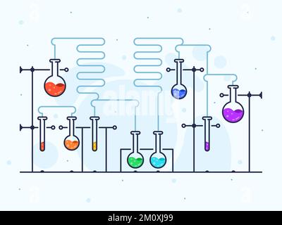 Illustrazione vettoriale con laboratorio chimico in stile linea piatta. Matracci con provette di colore liquido e blu. Illustrazione Vettoriale