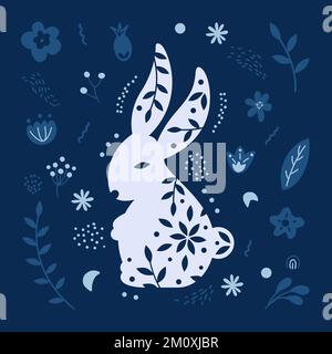 Grazioso coniglietto di Pasqua circondato da fiori primaverili e ramoscelli. Composizione blu monocromatica. Concetto di vacanza felice. Illustrazione Vettoriale