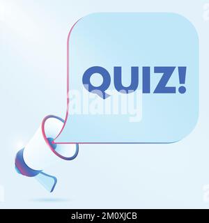 Testo del quiz con illustrazione realistica del vettore del megafono in 3D. Modello banner per annunciare le novità sui webinar nei social media, nei corsi di formazione e nel marketing Illustrazione Vettoriale